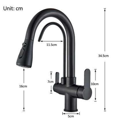 Black Filtered Crane For Kitchen Pull Out Spray 360 Rotation Water Filter Tap Three Ways Sink Mixer Kitchen Faucet