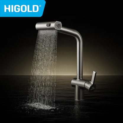 HIGOLD Waterfall Faucet 304 Stainless Steel Swivel Pull Out Rainscreen Rainfall Faucet Multi-Function Hot and Cold Water Faucet