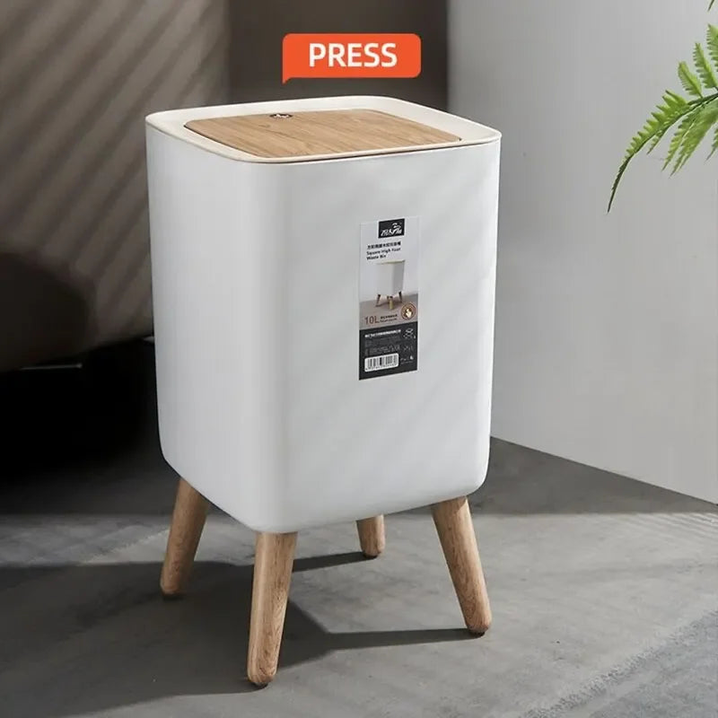 Trash Can with Lid Press Dustbin for Living Room Toilet Bathroom Kitchen Garbage Bucket High Foot Imitation Wood Rubbish Can