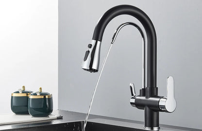 Black Filtered Crane For Kitchen Pull Out Spray 360 Rotation Water Filter Tap Three Ways Sink Mixer Kitchen Faucet