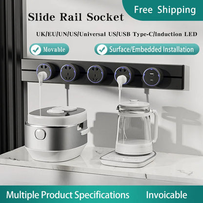 Slide Rail Power Track Socket Surface/Embedded Installation Socket UN/US/UK/EU/Universal US/USB Type-C Wall-Mounted Rail Socket