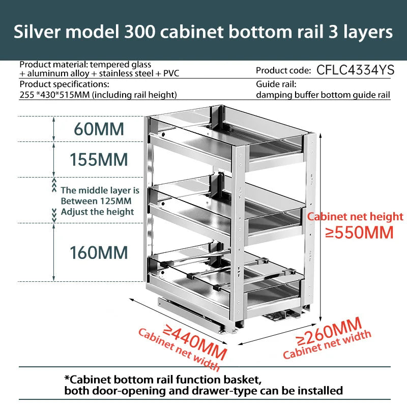 Kitchen Narrow Cabinet Drawer Condiments Seasoning Pull Basket Pull-Out Storage Rack Aluminum Alloy Narrow Cabinet Drawer Shelf