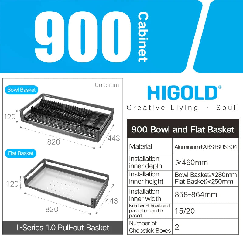 HIGOLD 500mm Cabinet Pull Basket Double Drawer With Dish Rack 304 Stainless Steel Kitchen Storage Dish Basket Premium Grey