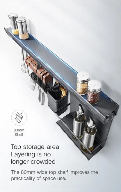 HIGOLD LED Light Kitchen Rack Wall Mounted With Hook & Knife Rack & Seasoning Rack 4-piece Set Of Integrated Racks