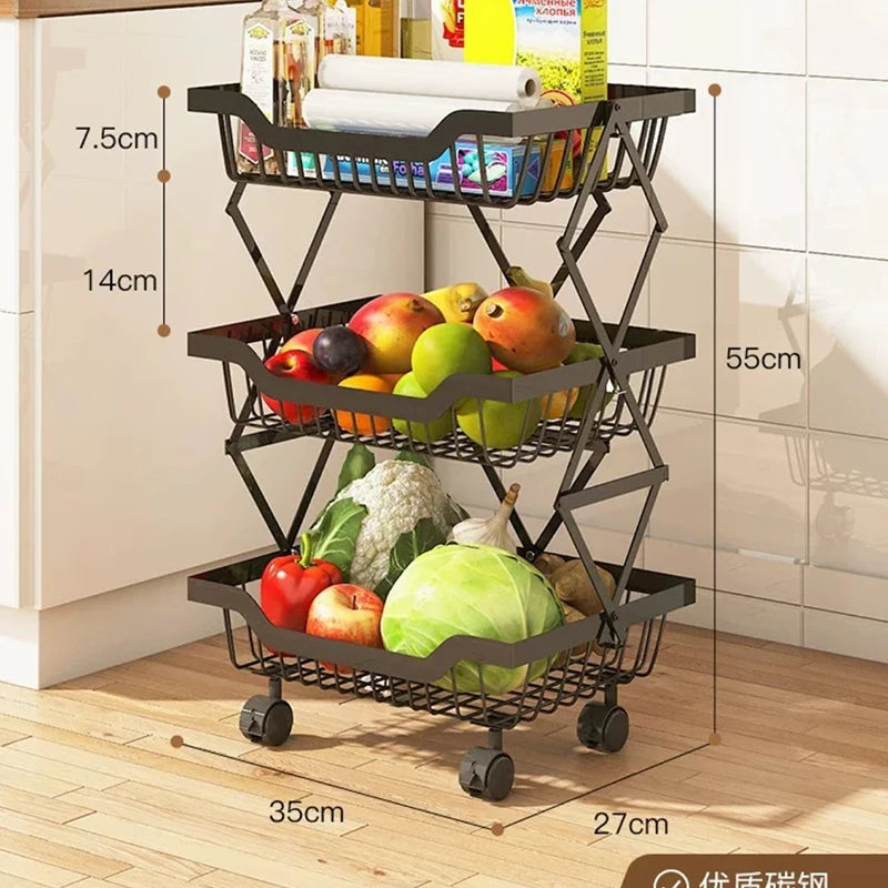 Degree Tier Stainless With Kitchen Vegetable Swivel Shelf Storage Shelf Wheels 360 Foldable Rack Fruit 5 Steel Floor Basket