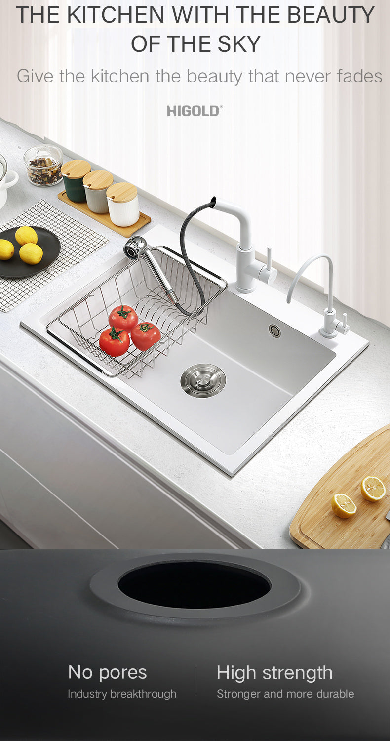 HIGOLD 30 Inch Kitchen Quartz Sink Single Bowl Topmount & Undermount Sink White Black Colorful Quartz High-Value Sink