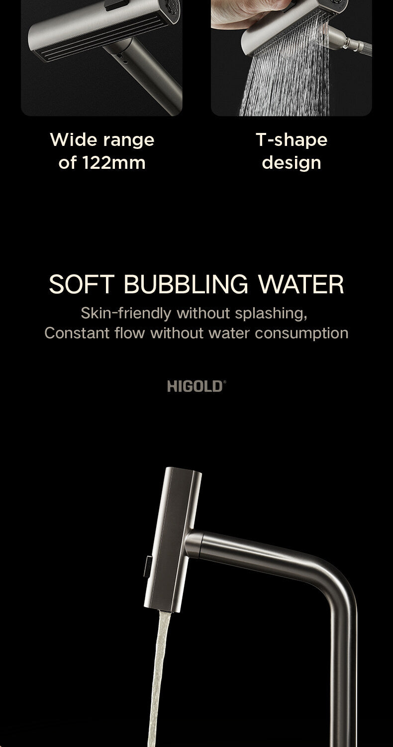 HIGOLD Waterfall Faucet 304 Stainless Steel Swivel Pull Out Rainscreen Rainfall Faucet Multi-Function Hot and Cold Water Faucet