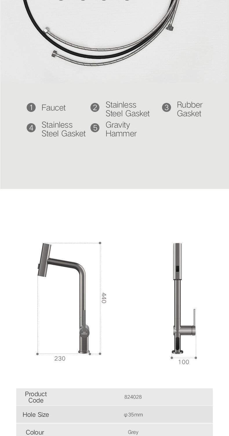 HIGOLD Waterfall Faucet 304 Stainless Steel Swivel Pull Out Rainscreen Rainfall Faucet Multi-Function Hot and Cold Water Faucet