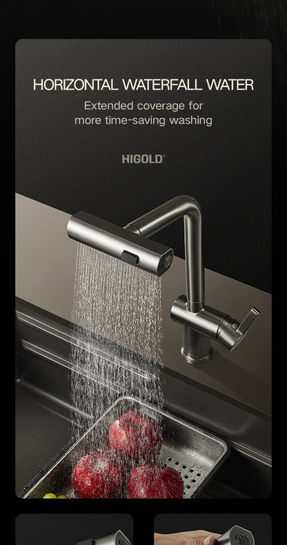 HIGOLD Waterfall Faucet 304 Stainless Steel Swivel Pull Out Rainscreen Rainfall Faucet Multi-Function Hot and Cold Water Faucet