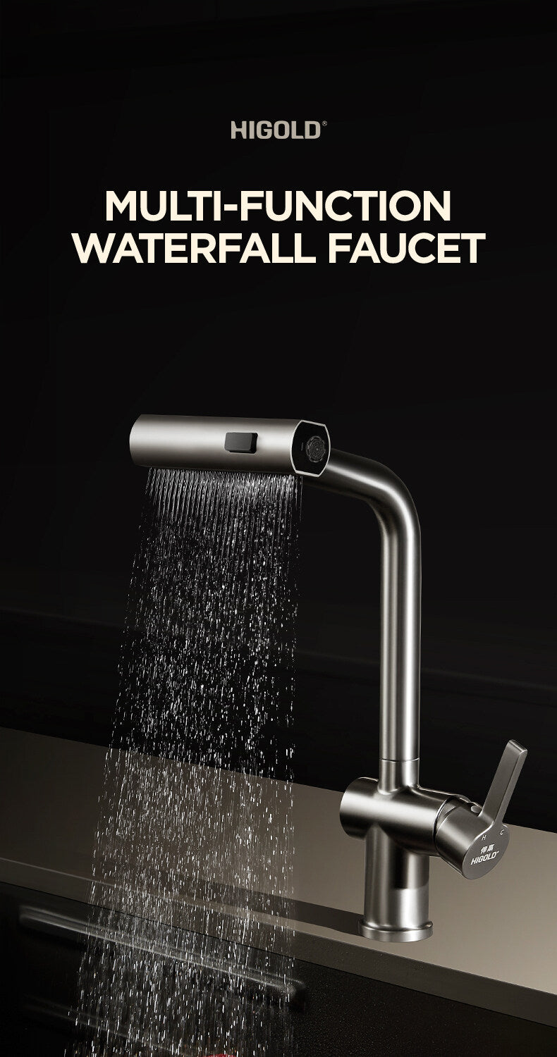 HIGOLD Waterfall Faucet 304 Stainless Steel Swivel Pull Out Rainscreen Rainfall Faucet Multi-Function Hot and Cold Water Faucet